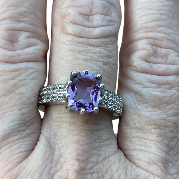 Genuine Amethyst Created Sapphire Ring 925 Sterling Silver US Size 7 - Picture 5 of 6